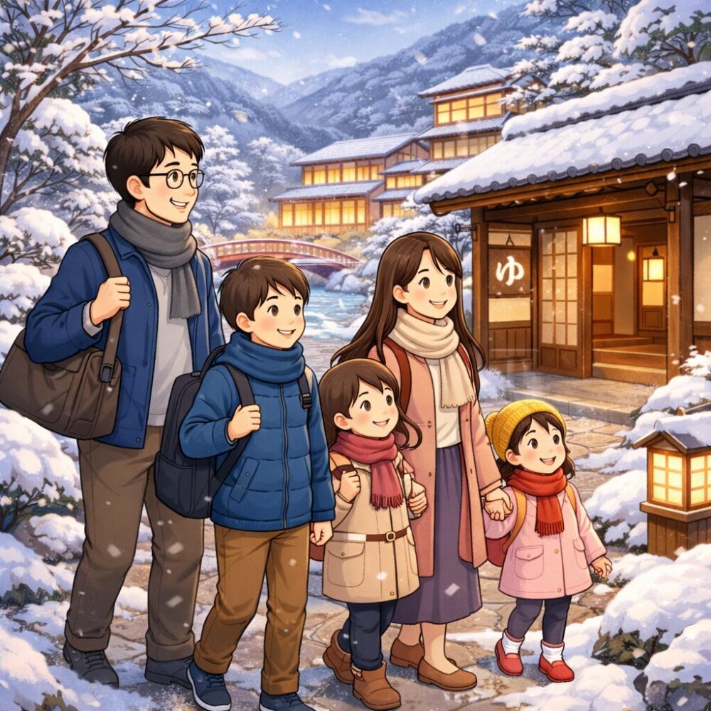 雪の温泉街を歩く家族5人のイラスト